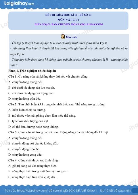 Đề thi học kì 2 Vật lí 10 Kết nối tri thức - Đề số 13